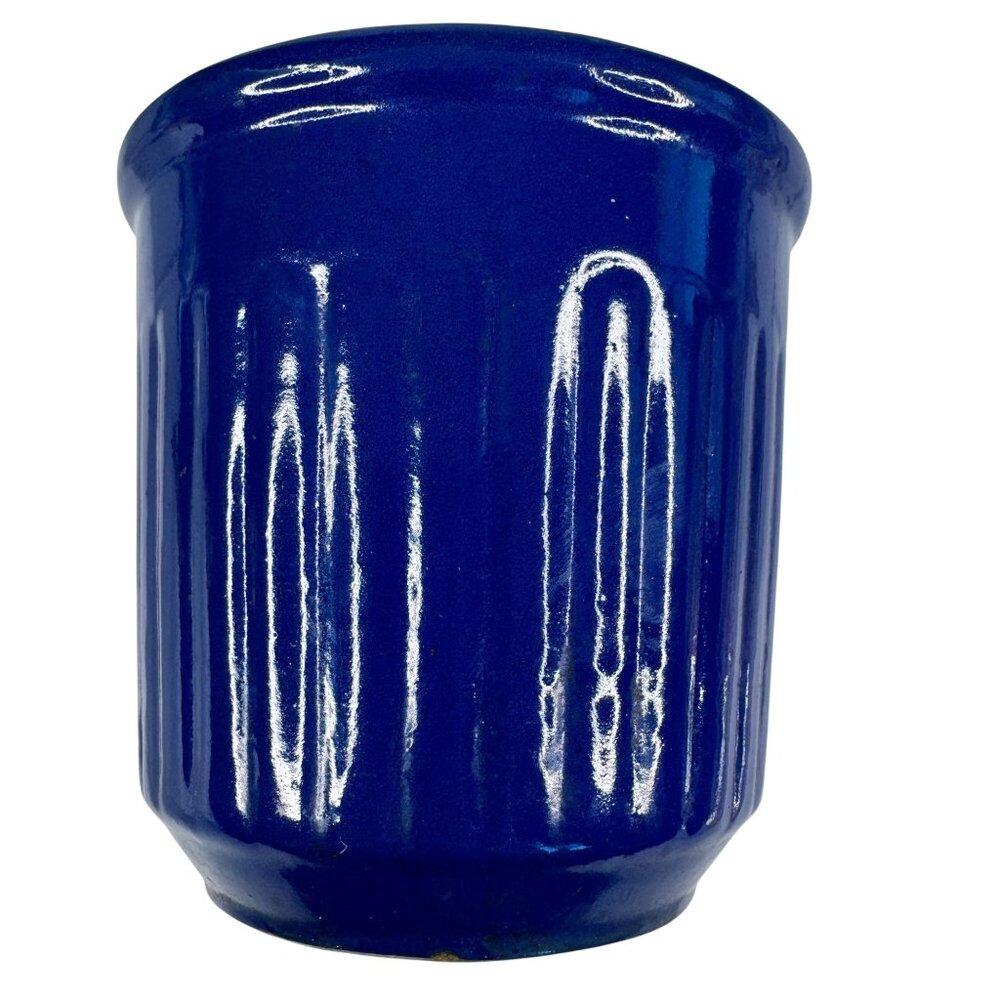 Redwing 1930s Glazed Ceramic Beater Jar Bowl Blue Ridged 5x5.25" Flaw Vintage - Picture 14 of 16